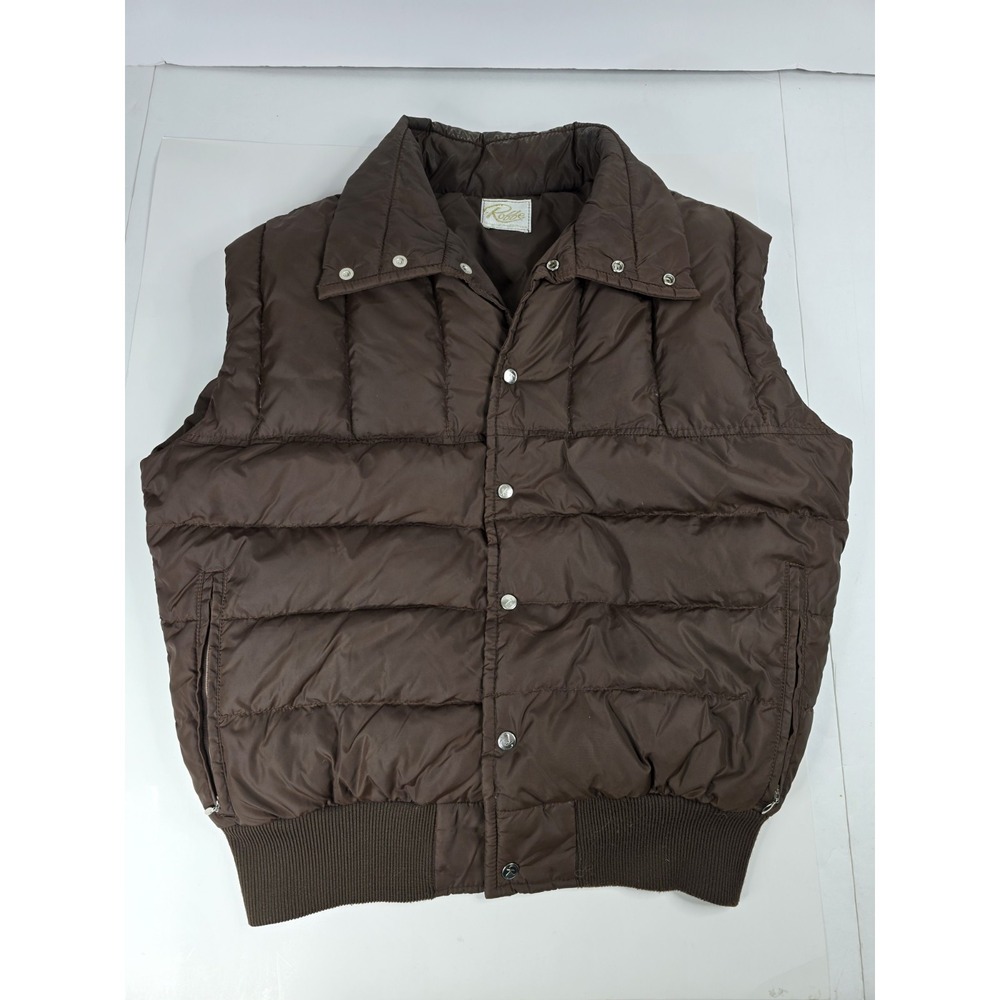 Robbe Vintage 80's Brown Down Fill Vest Metal‎ Snap Buttons Men's Size L Large